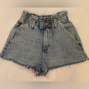 Zara High Rise Paper Bag Waist  Blue Denim Shorts